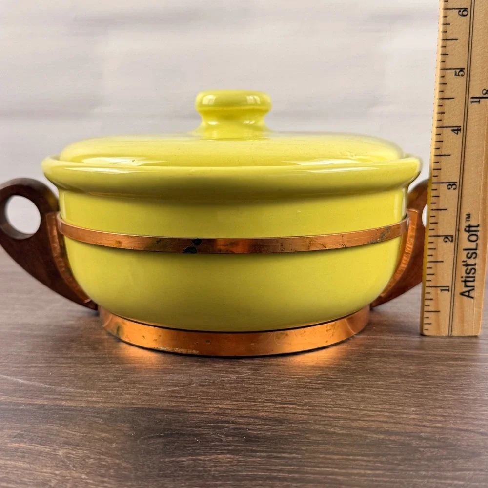 Bauer Pottery Chartreuse Casserole Lid Copper Wood Stand California